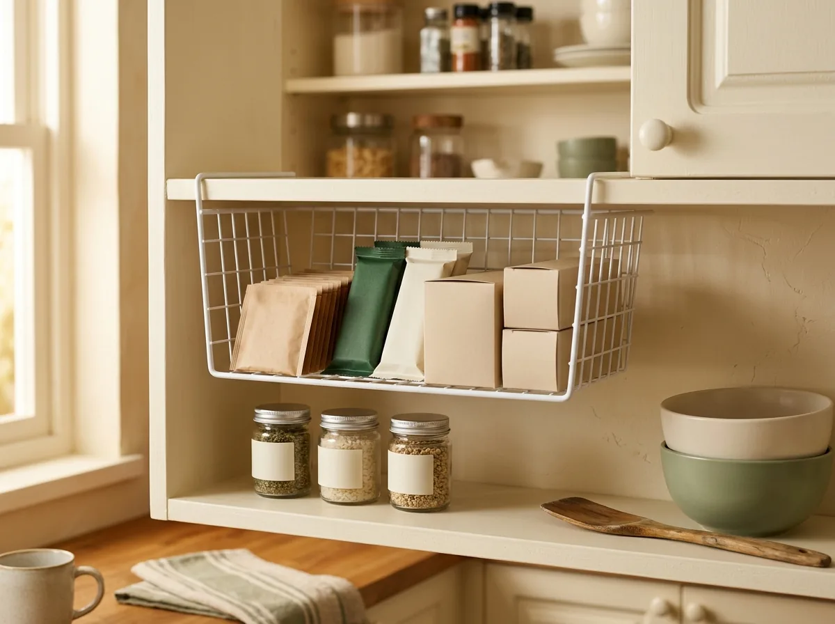 Under-shelf basket hanging below a cabinet shelf for packets, tea and snack bars — renter-friendly small kitchen storage with no drilling