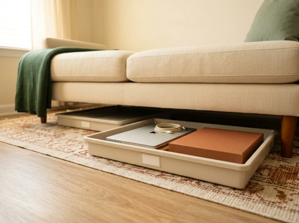 Low storage bins slid under a sofa in a small living room hold a laptop, chargers and board games out of sight