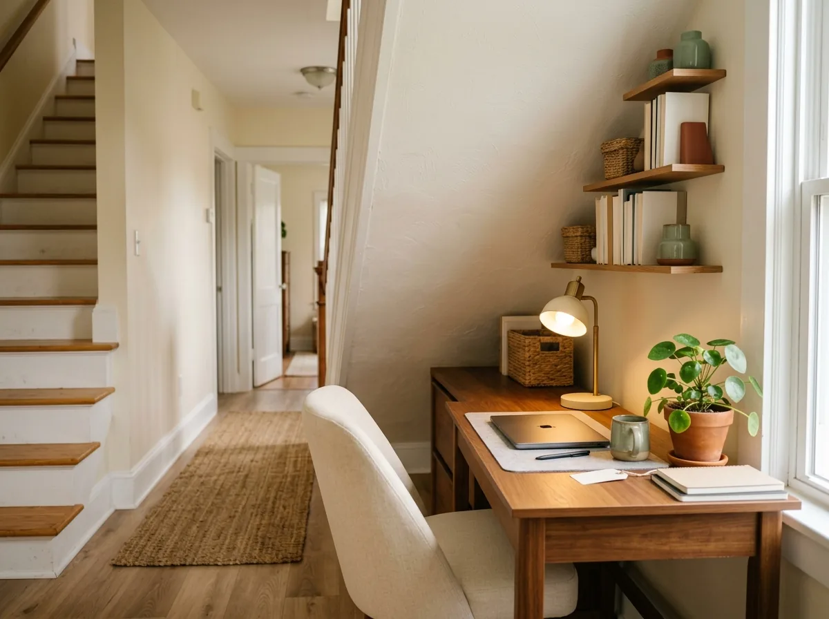 Desk nook under the stairs with shelves stepping down the slope in a small home.