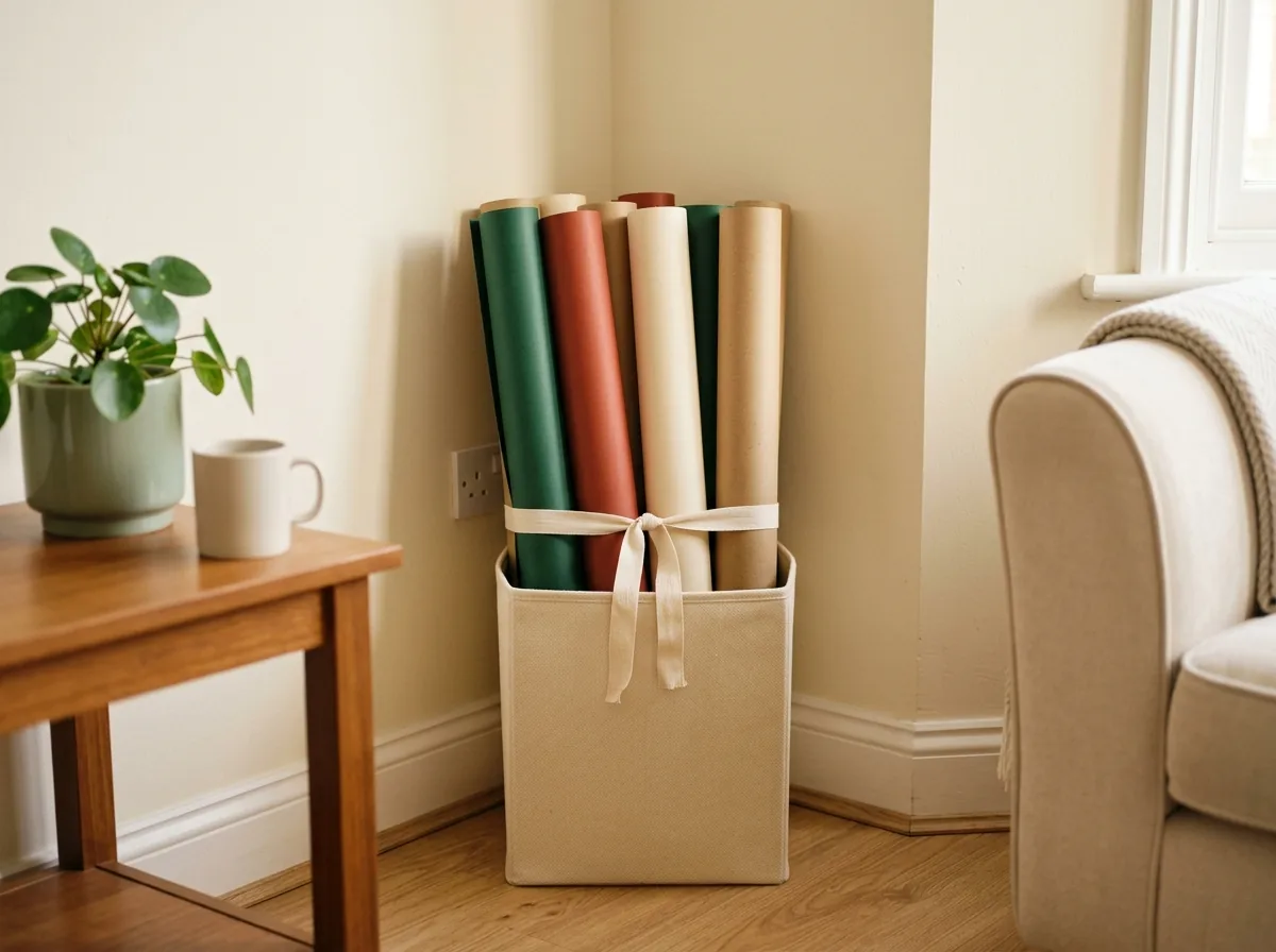Upright wrapping paper storage in a tall bin — rolls stand on their ends so edges stay crisp and uncrushed in a small space