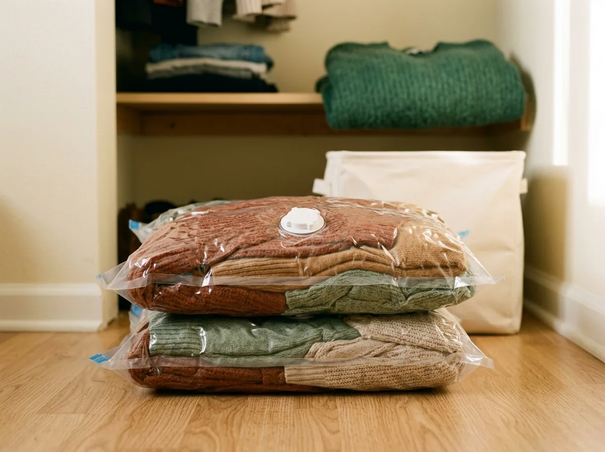 Flattened vacuum bags of compressed sweaters stacked beside one uncompressed fluffy sweater for comparison
