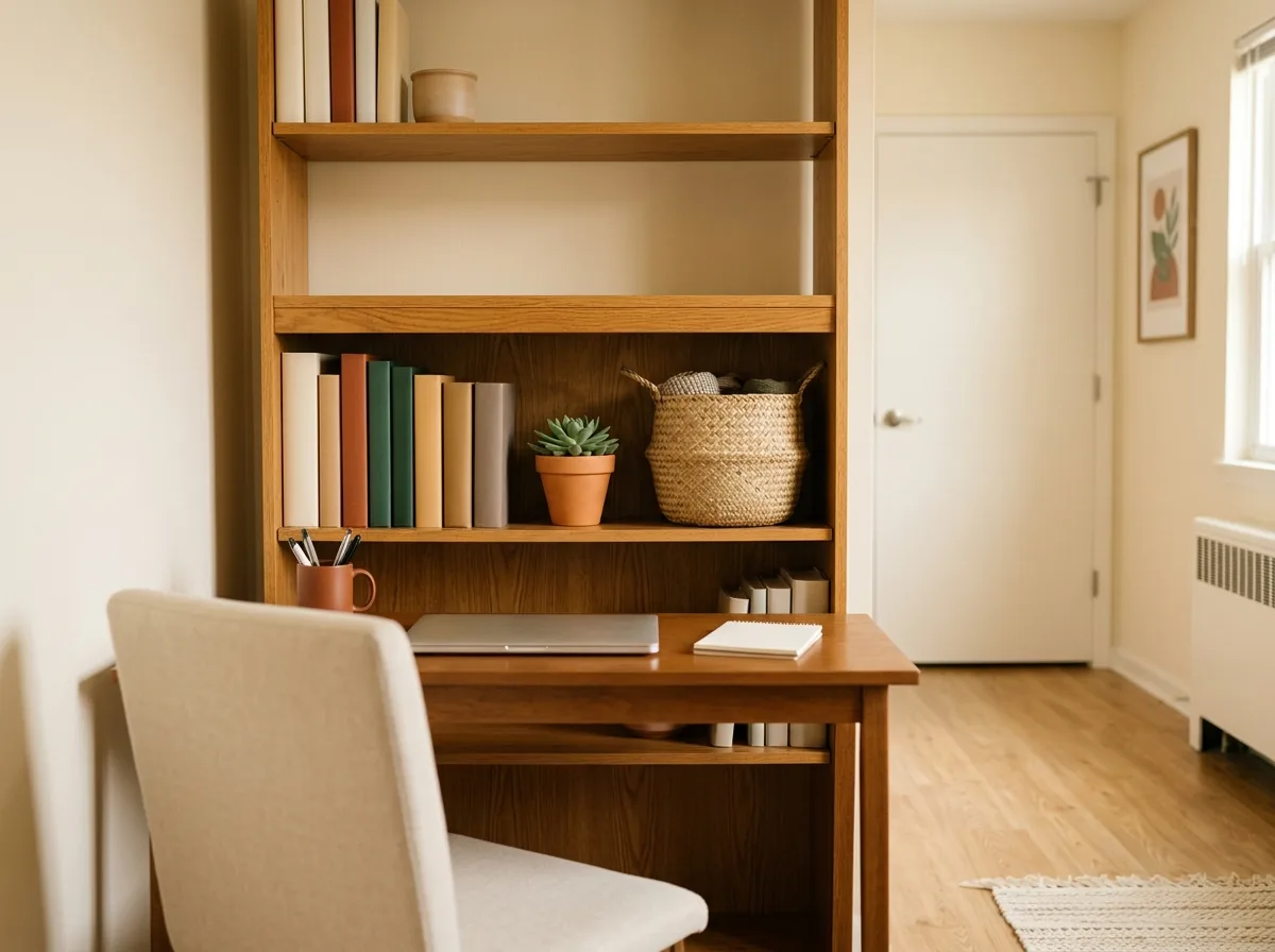 Desk set up facing a tidy bookcase backdrop with books, a plant and one basket for video calls.