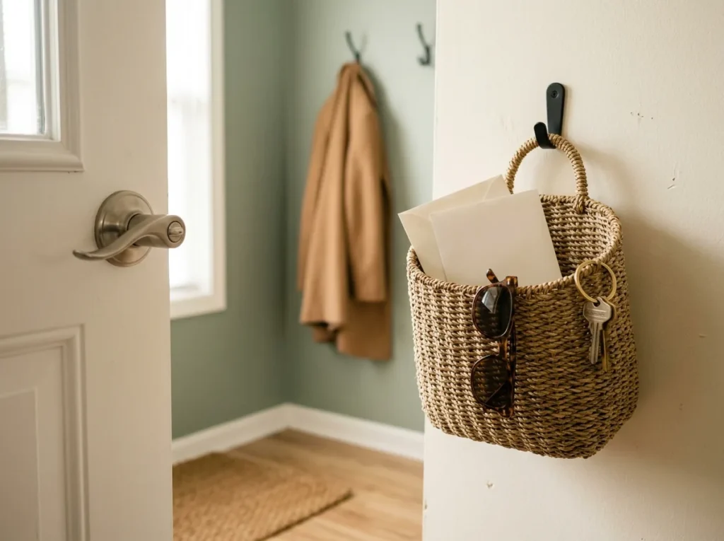 Entryway drop zone idea — a woven wall basket beside the door catching mail, keys and sunglasses in a small fall entryway