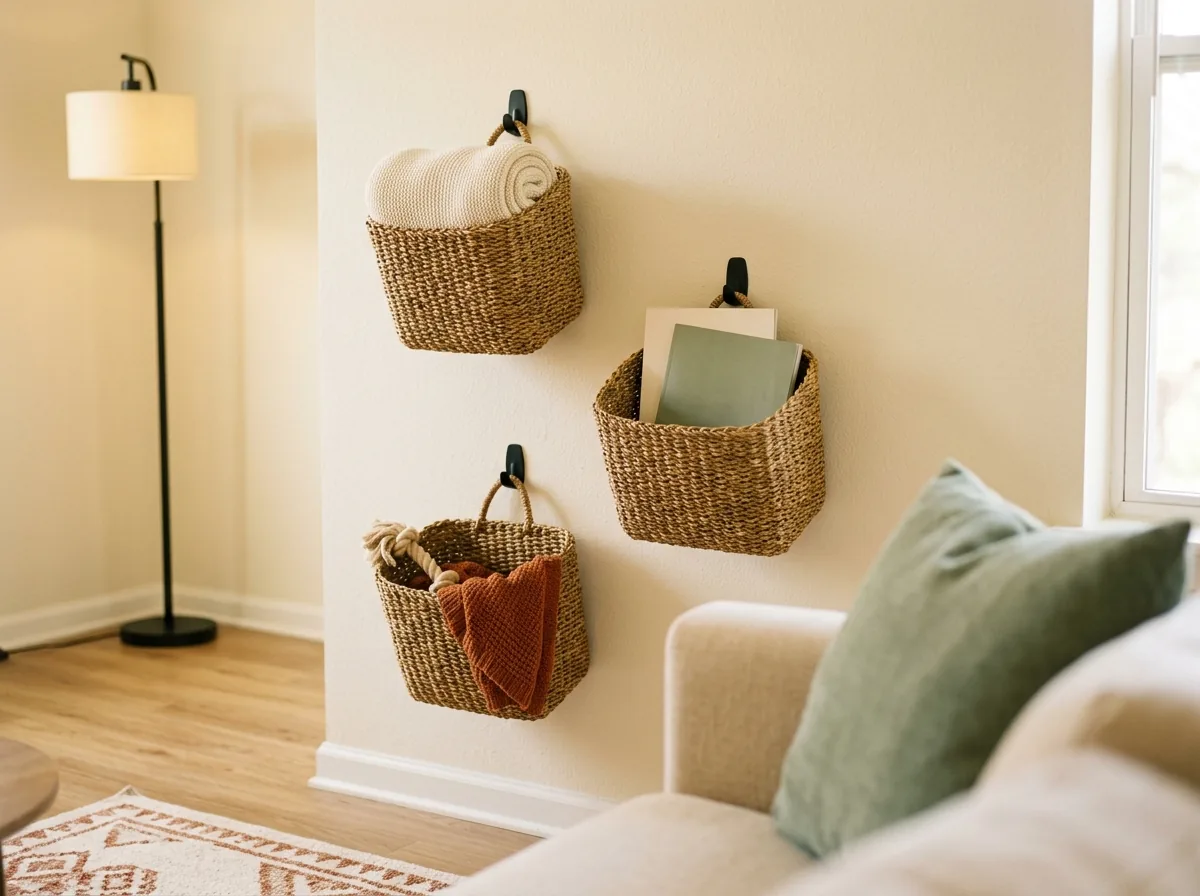 Woven baskets hung on removable hooks turn a blank living room wall into renter-friendly storage for throws and magazines