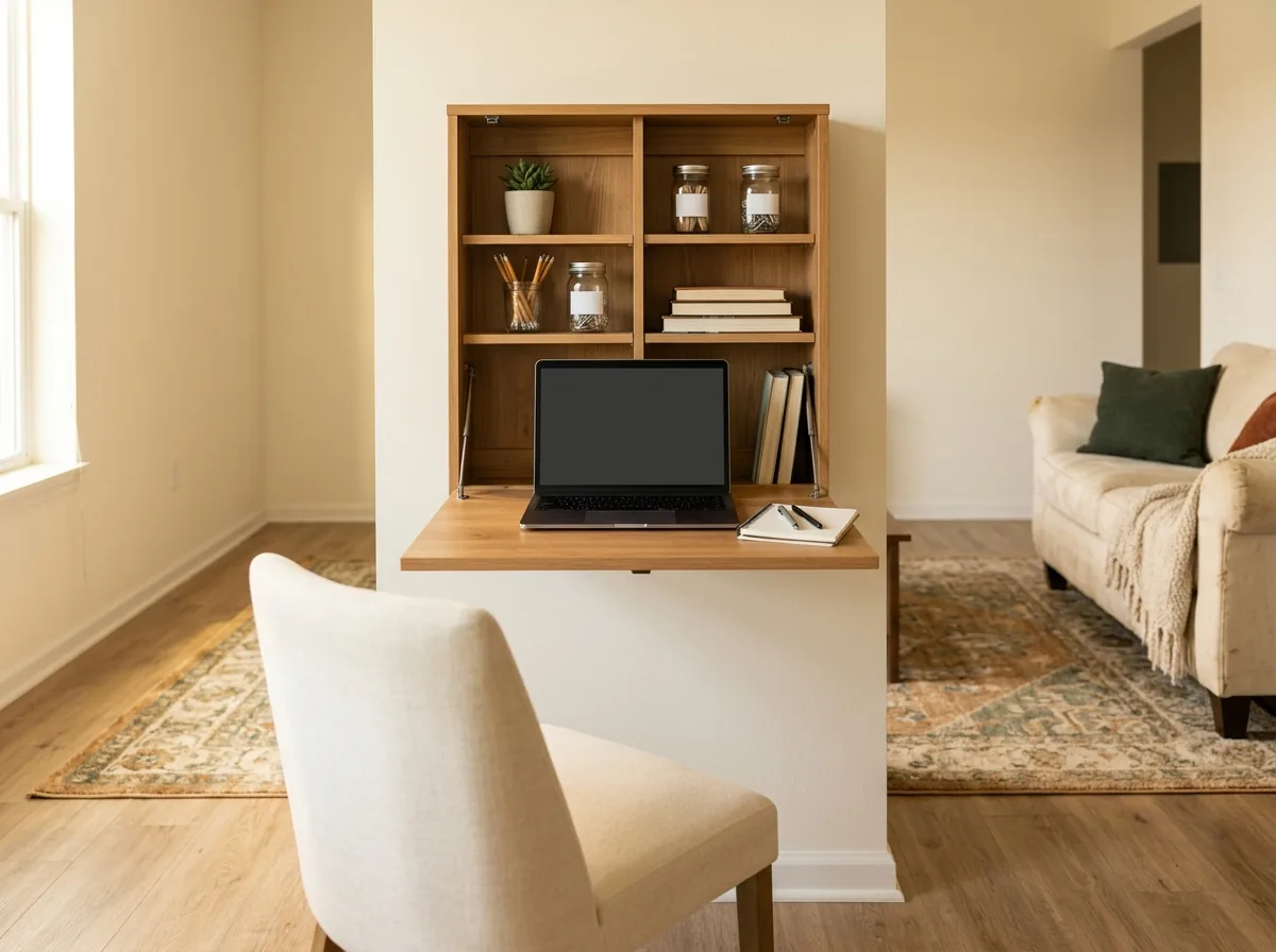 Wall-mounted fold-down desk open for work with a laptop and chair in a small living room.
