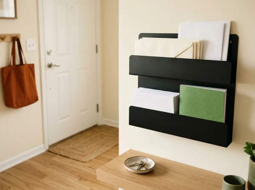 Entryway mail organization for small apartments — a slim two-slot wall-mounted mail sorter keeping paper off the counters