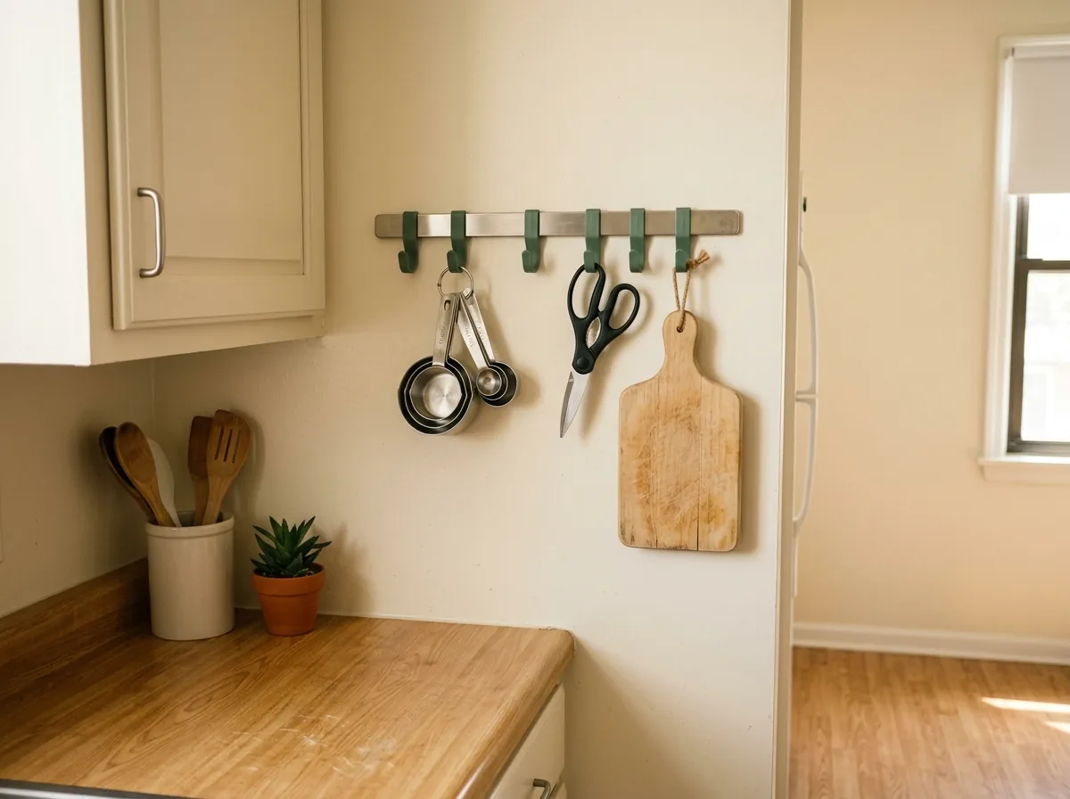 Wall rail with hooks holding measuring cups, scissors and a cutting board to free cabinet space in a small kitchen with no pantry
