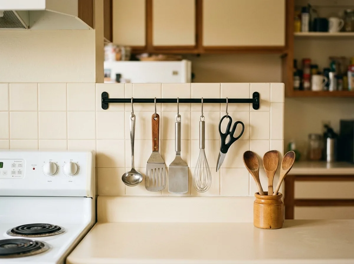 Wall rail utensil storage for a small kitchen — S-hooks lift ladles, spatulas and scissors off the counter beside the stove