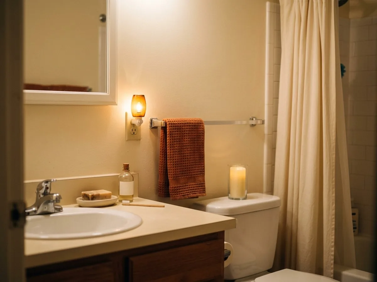 Warm bathroom lighting ideas for a small space — a plug-in nightlight and a battery candle soften a rental bathroom for overnight guests