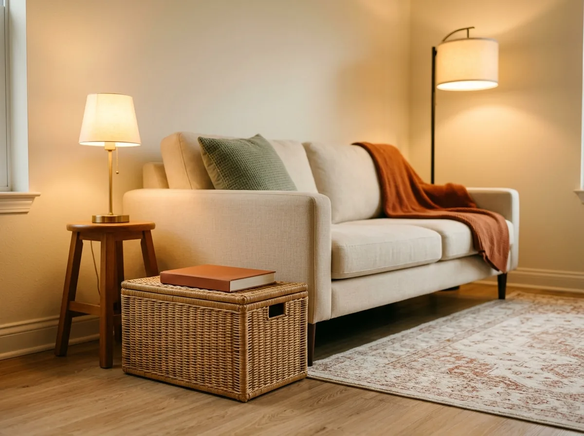 Warm low lamps and a cable management box that doubles as a book stand hide cord clutter in a cozy small living room