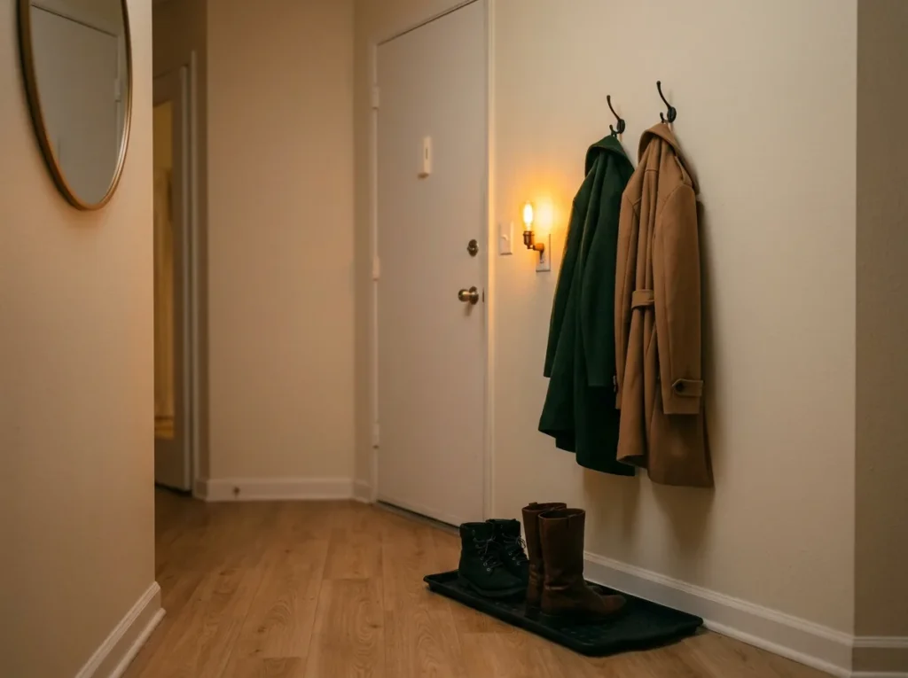Small entryway lighting idea — a warm plug-in sconce at eye level making a tiny fall entryway feel welcoming with no wiring or drilling
