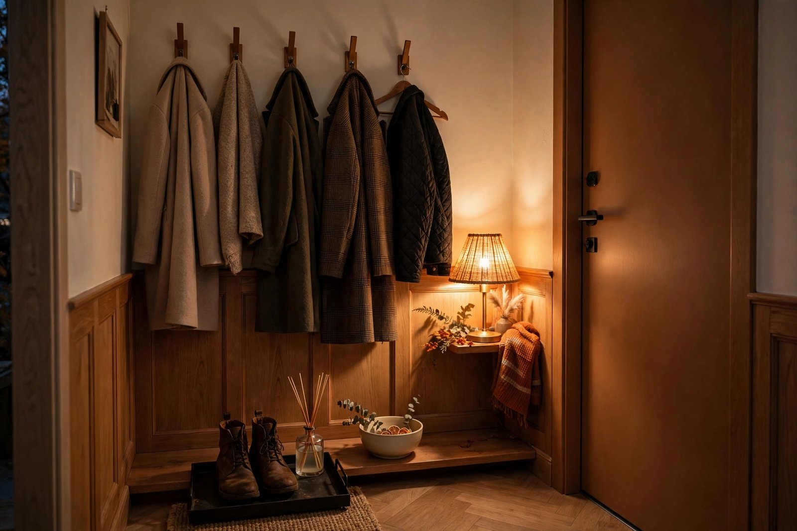 A calm, organized fall entryway in a small apartment at evening — coats, boots and keys all in their place