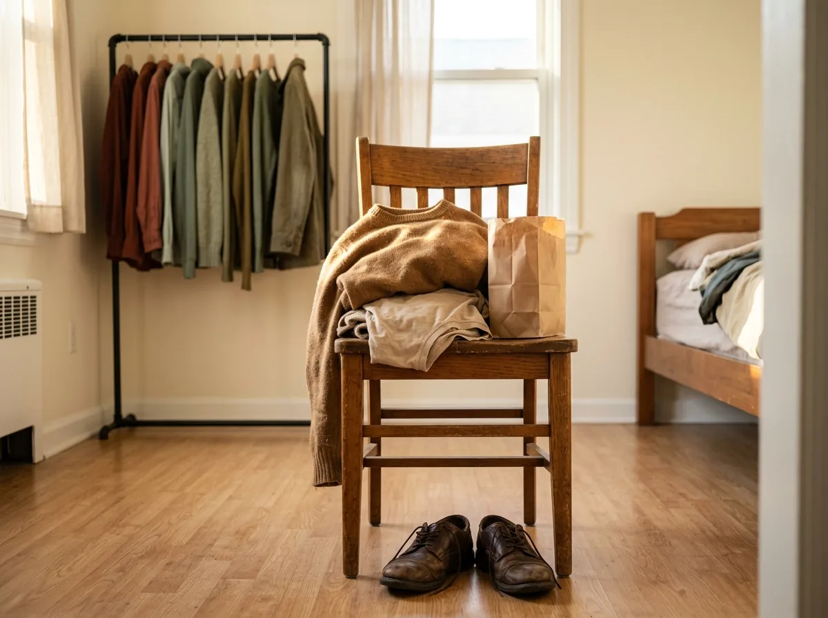 Worn-out clothes set aside for donation before a closet swap — faded sweater, stretched tee and scuffed shoes