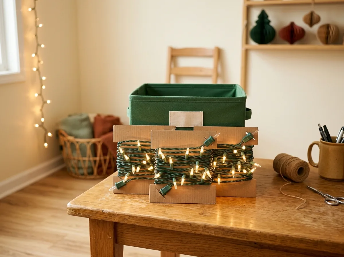 Wind Christmas lights around cardboard — flat wound cards stack in the bin and unwind in seconds next year