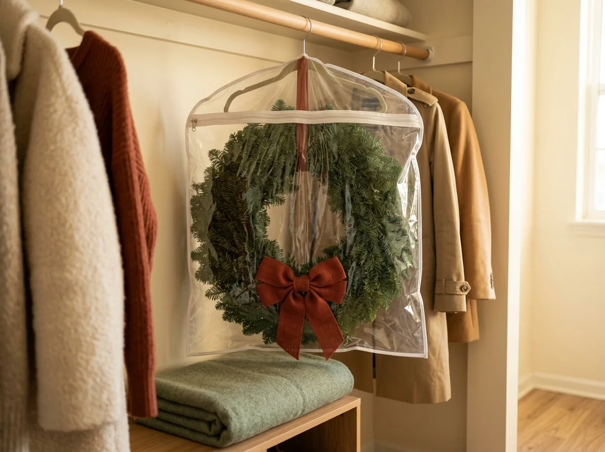 Wreath storage in a garment bag on the closet rail — hanging keeps the wreath's shape and keeps the dust off